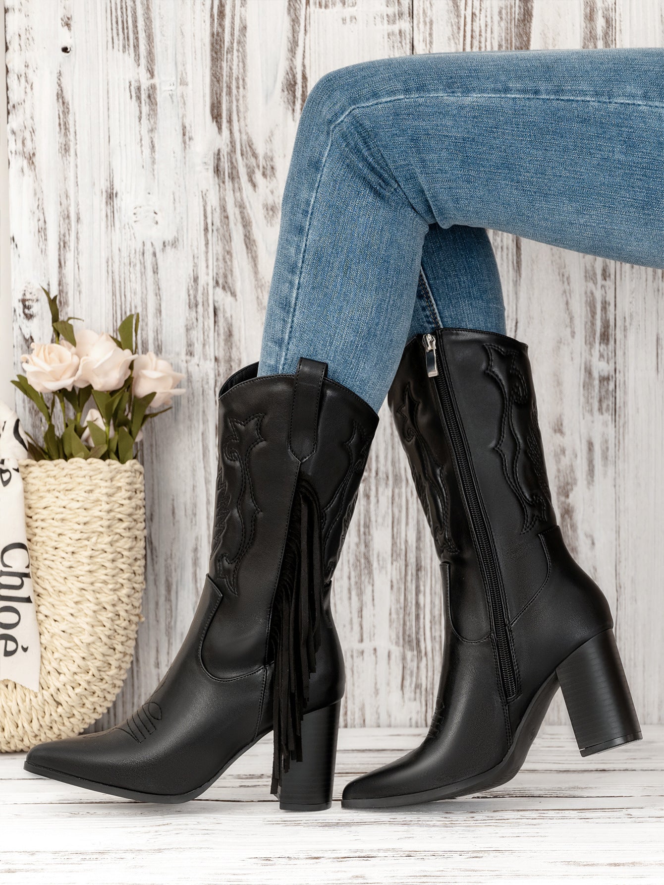 Embroidered Fringe Western Cowboy Boot