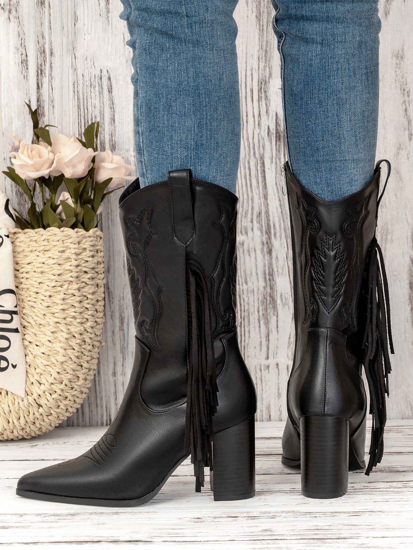 Embroidered Fringe Western Cowboy Boot