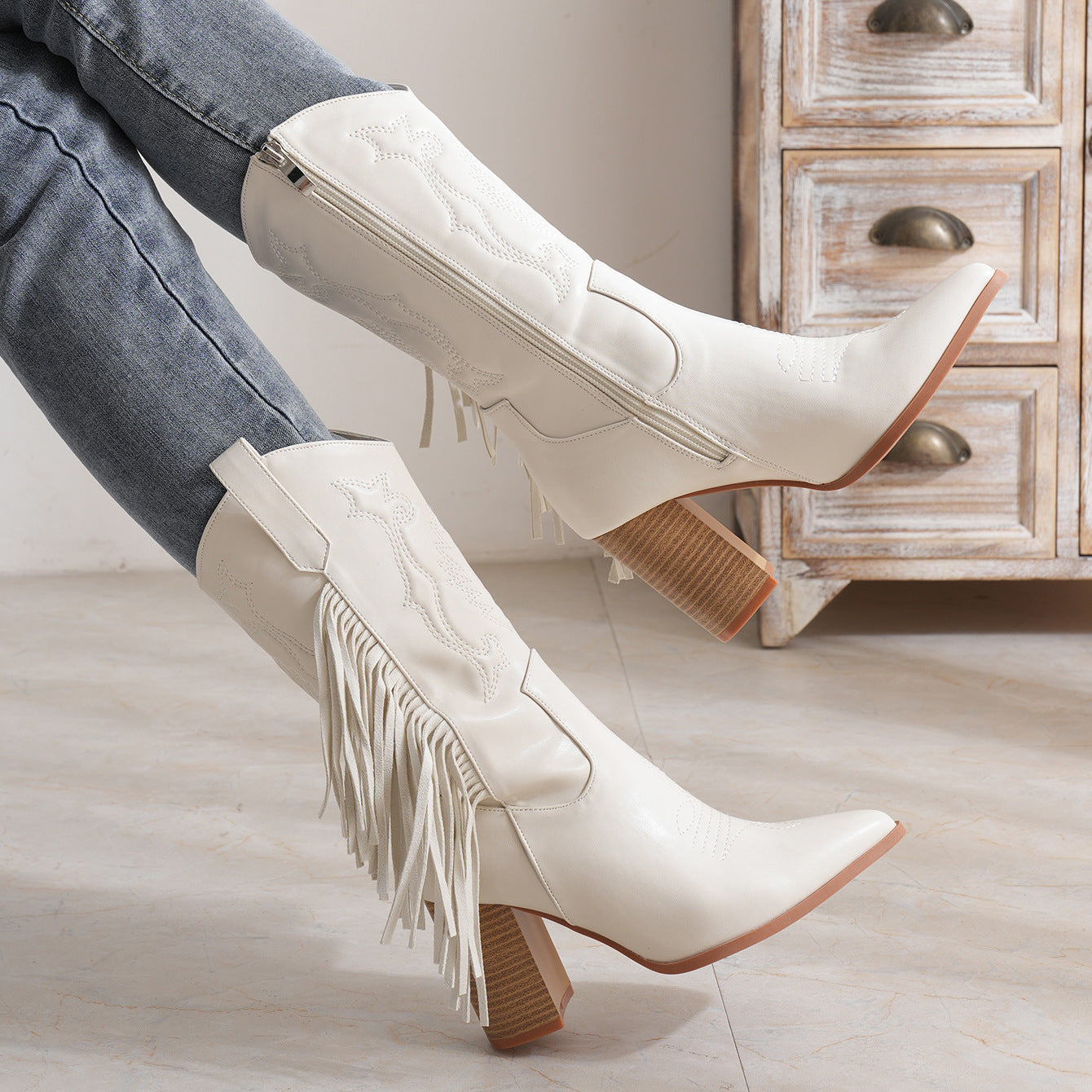 Embroidered Fringe Western Cowboy Boot